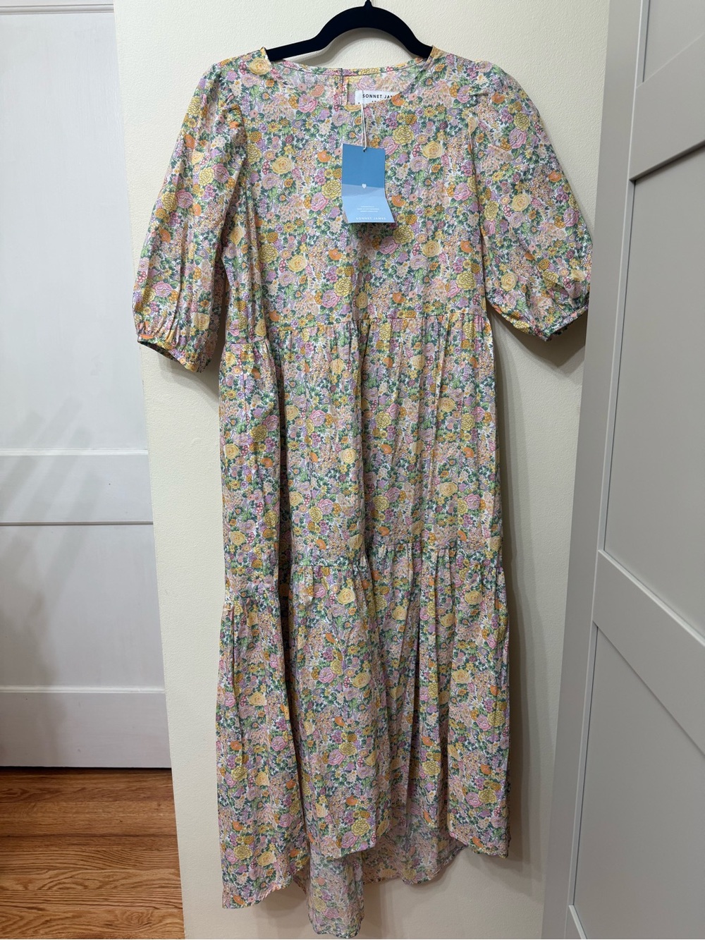 NWT Sonnet James M Floral Tiered Midi Dress Puff Sleeve Prairie Boho Romantic